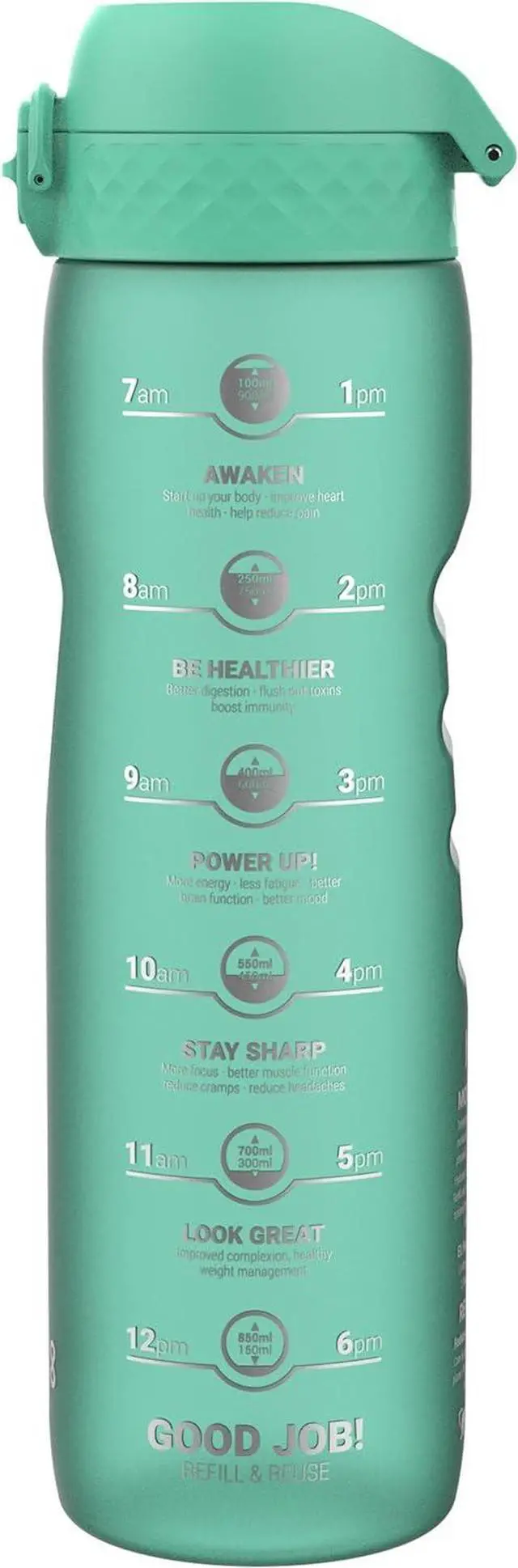 Main image of Ion8 1 Litre Water Bottle with Times to Drink, Leak Proof, Flip Lid, Carry Handle, Dishwasher Safe, BPA Free, Soft Touch Contoured Grip, Ideal for Gym, Health and Fitness, 32 oz, Teal