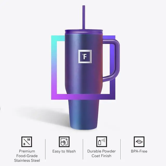 Alt view image 5 of 7 - IRON °FLASK Co-Pilot Insulated Mug w/Straw & Flip Cap Lids - Cup Holder Bottle for Hot, Cold Drink - Leak-Proof - Water, Coffee Portable Travel Mug - Dark Night, 40 Oz