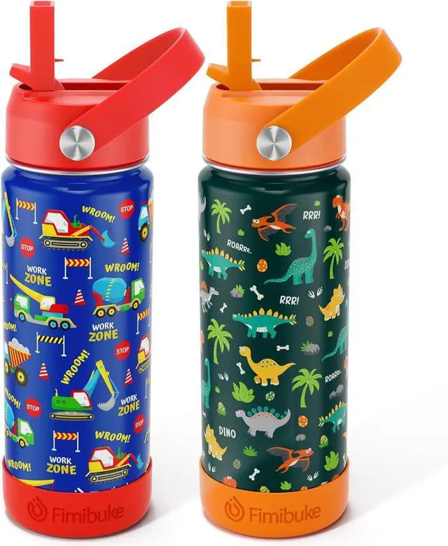 Main image of Fimibuke Kids Insulated Water Bottle, 18oz BPA FREE Kids Cups with Straw Double Wall Vacuum Tumbler 18/8 Stainless Steel Leak Proof Toddler Water Bottle for School Boys Girls (2 Pack, Dinosaur/Truck)