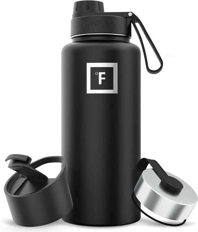 Main image of IRON °FLASK Camping & Hiking Hydration Flask with 3 Lids - Stainless Steel, Double Walled & Vacuum Insulated Water Bottle - Leak Proof & BPA Free (Midnight Black, Spout - 32 oz)