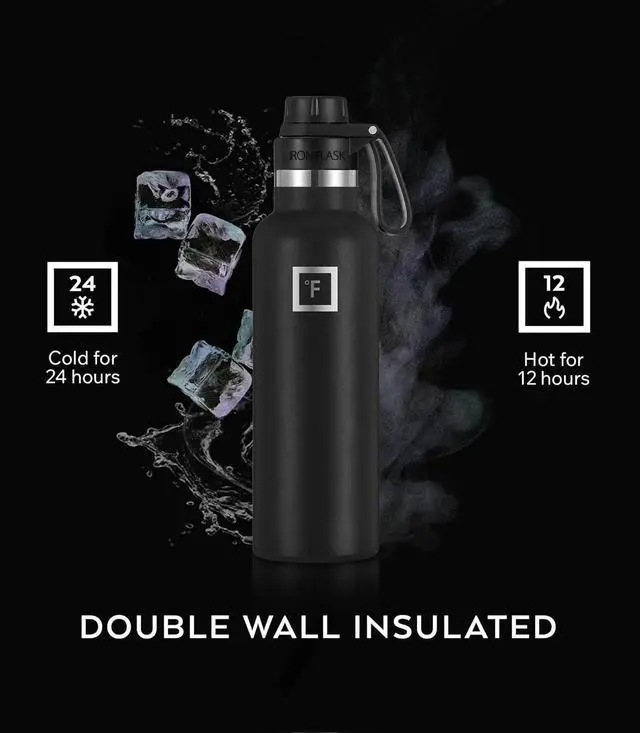 Alt view image 4 of 7 - IRON °FLASK Camping & Hiking Hydration Canteens - 3 Lids (Narrow Spout Lid) Leak Proof Vacuum Insulated Stainless Steel - Hot & Cold Double Walled Sports Water Bottle - Midnight Black, 24 Oz