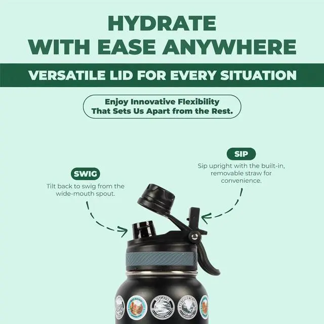 Alt view image 4 of 7 - National Parks Water Bottle: Your Ultimate Hydration & Bucket List Kit! (Features 2 Lids, Adventure-Ready Straw, Leakproof Stainless Steel, 63 Premium Waterproof Stickers!) 32oz (Black)