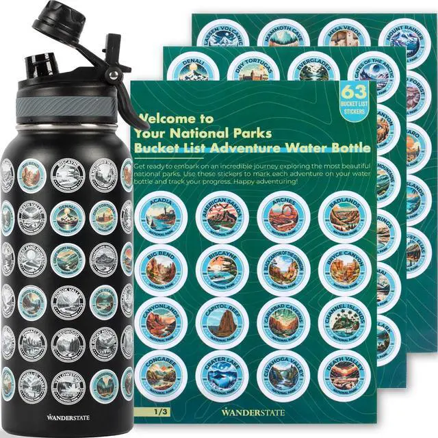 Main image of National Parks Water Bottle: Your Ultimate Hydration & Bucket List Kit! (Features 2 Lids, Adventure-Ready Straw, Leakproof Stainless Steel, 63 Premium Waterproof Stickers!) 32oz (Black)