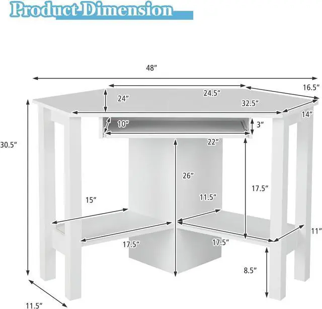 Alt view image 3 of 7 - Tangkula Corner Desk, Corner Computer Desk, Wood Compact Home Office Desk, Laptop PC Table Writing Study Table, Workstation with Storage Drawer & Shelves