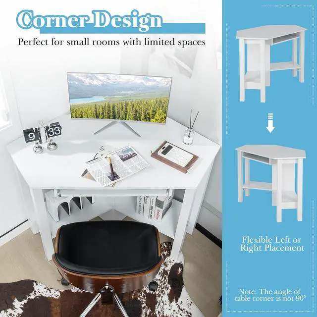 Alt view image 5 of 7 - Tangkula Corner Desk, Corner Computer Desk, Wood Compact Home Office Desk, Laptop PC Table Writing Study Table, Workstation with Storage Drawer & Shelves