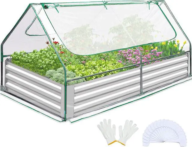 Main image of Quictent Raised Garden Bed with Cover Outdoor Galvanized Metal Planter Box Kit, w/ 2 Large Screen Windows Mini Greenhouse 20pcs T Tags 1 Pair of Gloves Included for Growing Vegetables 6x3x1ft (Clear)