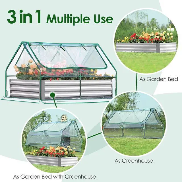 Alt view image 4 of 7 - Quictent Raised Garden Bed with Cover Outdoor Galvanized Metal Planter Box Kit, w/ 2 Large Screen Windows Mini Greenhouse 20pcs T Tags 1 Pair of Gloves Included for Growing Vegetables 6x3x1ft (Clear)