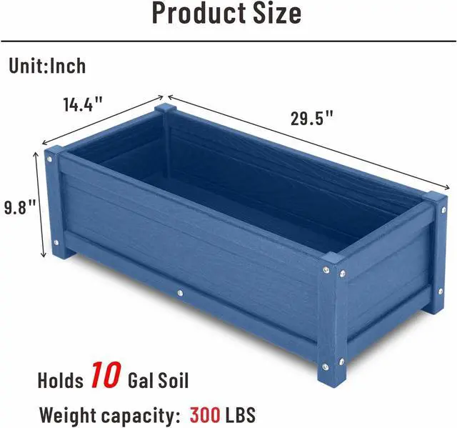 Alt view image 2 of 7 - HDPE Raised Planter Box Outdoor,Rot-Resistant and Non-Cracking,Raised Beds for Gardening 29.5 * 14.4 * 9.8 in for Yard,Lawn,Outdoor Planter Boxes Rectangle with Drainage Holes Navy