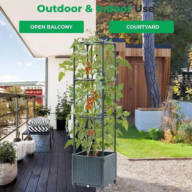 Alt view image 5 of 6 - Raised Garden Bed with Tomato Planter Cage, Trellis Planter Boxes for Outdoor Patio Greenhouse Gardening Climbing Vegetables