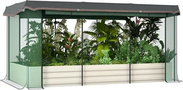 Main image of Outsunny 7.3 x 3.4 x 1 ft Galvanized Raised Garden Bed with Crop Cage Plant Protection Net and Shade Cloth Roof, Metal Planter Box with Cover for Vegetables, Flowers, Herbs, Beige