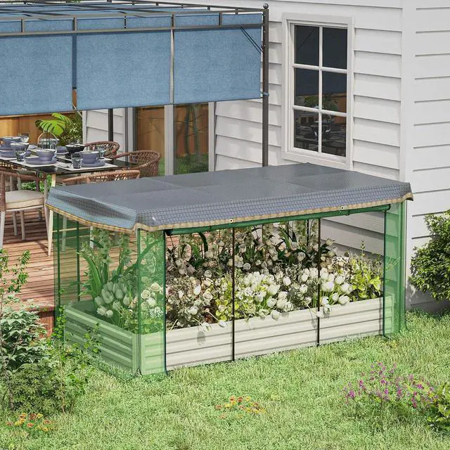 Alt view image 2 of 7 - Outsunny 7.3 x 3.4 x 1 ft Galvanized Raised Garden Bed with Crop Cage Plant Protection Net and Shade Cloth Roof, Metal Planter Box with Cover for Vegetables, Flowers, Herbs, Beige