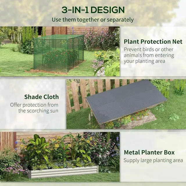 Alt view image 3 of 7 - Outsunny 7.3 x 3.4 x 1 ft Galvanized Raised Garden Bed with Crop Cage Plant Protection Net and Shade Cloth Roof, Metal Planter Box with Cover for Vegetables, Flowers, Herbs, Beige