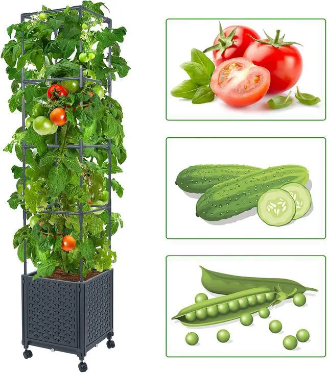 Alt view image 2 of 6 - LINEX Raised Garden Bed Planter Box with Trellis, 56.7 Tomato Planters for Climbing Plants Vegetable Vine Flowers Outdoor Patio, Tomatoes Cage w/Self-Watering & Wheels