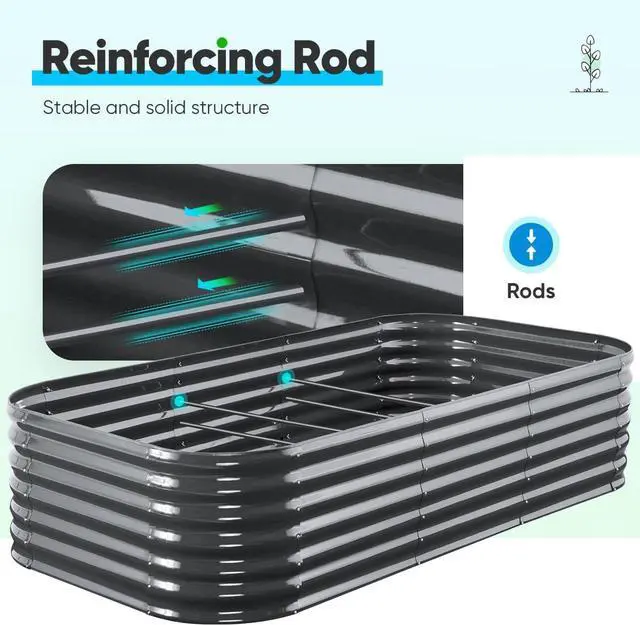 Alt view image 5 of 7 - Quictent Galvanized Raised Garden Bed Kit, 8x4x2 ft Oval Metal Planter Box Tall for Vegetables Outdoor Backyard, Rubber Strip Edging Included (Dark Gray)
