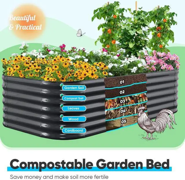 Alt view image 6 of 7 - Quictent Galvanized Raised Garden Bed Kit, 8x4x2 ft Oval Metal Planter Box Tall for Vegetables Outdoor Backyard, Rubber Strip Edging Included (Dark Gray)