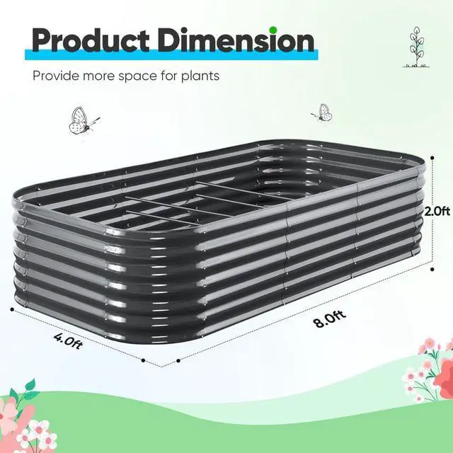 Alt view image 7 of 7 - Quictent Galvanized Raised Garden Bed Kit, 8x4x2 ft Oval Metal Planter Box Tall for Vegetables Outdoor Backyard, Rubber Strip Edging Included (Dark Gray)