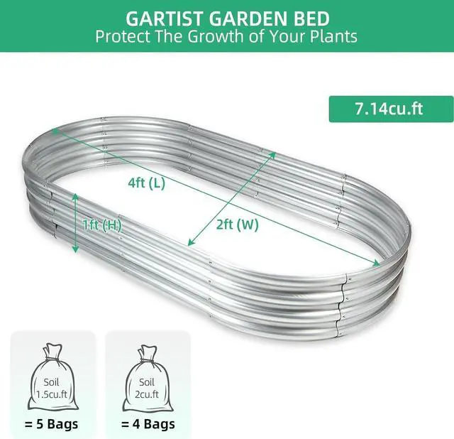 Alt view image 7 of 7 - Galvanized Raised Garden Bed, 4x2x1 FT Thickening Raised Beds for Gardening, Oval Larger Space Planter Box for Outdoor for Herbs, Vegetables, Fruits