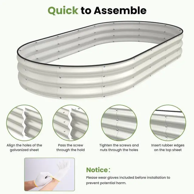 Alt view image 7 of 7 - Galvanized Raised Garden Bed, 8x4x1 FT Oval Metal Planter Box for Outdoor, 12 Raised Beds for Gardening Vegetables Flower Herb(Pearl White)