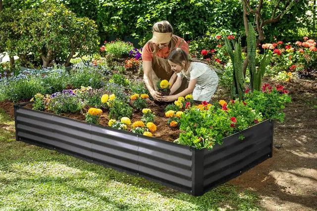 Alt view image 6 of 6 - Galvanized Raised Garden Beds Outdoor // 6×3×1 ft Planter Raised Beds for Gardening, Vegetables, Flowers // Large Metal Garden Box // Patented Tool-Free Design (Dark Gray)