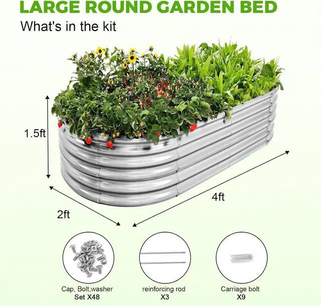 Alt view image 2 of 6 - Land Guard 4×2×1.5ft Galvanized Raised Garden Bed Kit, Galvanized Planter Garden Boxes Outdoor, Oval Large Metal Raised Garden Bed for Vegetables (Classic Silver