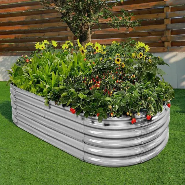 Alt view image 4 of 6 - Land Guard 4×2×1.5ft Galvanized Raised Garden Bed Kit, Galvanized Planter Garden Boxes Outdoor, Oval Large Metal Raised Garden Bed for Vegetables (Classic Silver