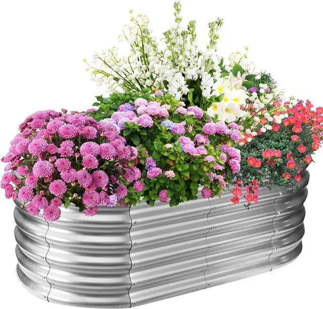 Main image of 17" Tall Elevated Oval Metal Raised Garden Bed - 4ft x 2ft in Size and 0.8MM Thick Durable Planter Bed/Box for Vegetables Flowers Succulent at Patio/Garden Outdoor (Silver, 4X2X1.4 FT)