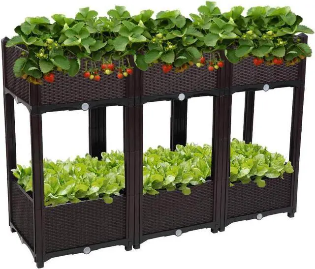 Main image of VINGLI Square Raised Garden Bed, Self-Watering Plastic Planter for Indoor Outdoor Vegetables, Fruits, Potato, Flowers, All Weather (6 Pcs)