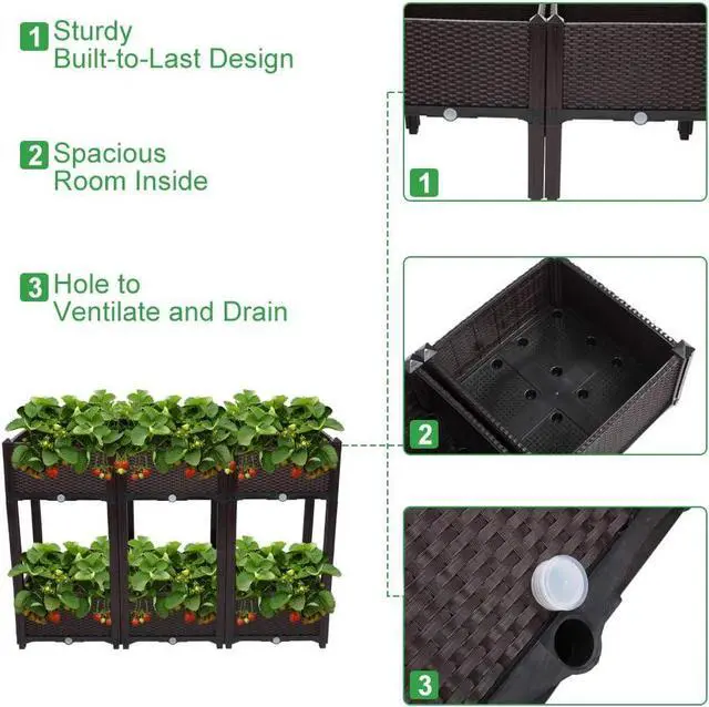 Alt view image 5 of 7 - VINGLI Square Raised Garden Bed, Self-Watering Plastic Planter for Indoor Outdoor Vegetables, Fruits, Potato, Flowers, All Weather (6 Pcs)