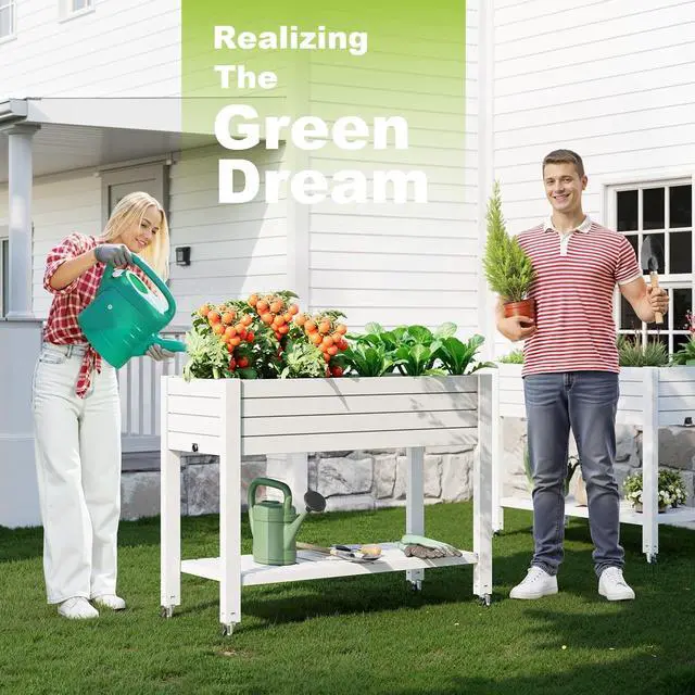 Alt view image 3 of 7 - Elevated Raised Garden Bed with Wheels,Outdoor Large Resin Patio Planter Box Stand Divisible with Drain Plug,Water Monitor for Plants Vegetables Flowers Fruits(Ashen)