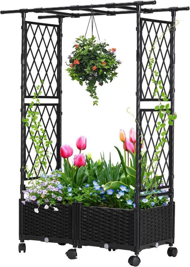 Main image of Lalahoni Planter with Trellis, 4.5ft Trellis Planter Self-watering Box with Wheels for Outdoor Plants Tomato Flower Vegetable Herb Vine Garden Patio, Plastic Raised Bed Trellis with Drainage Hole, 1PC