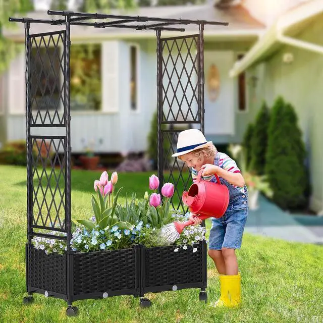 Alt view image 3 of 6 - Lalahoni Planter with Trellis, 4.5ft Trellis Planter Self-watering Box with Wheels for Outdoor Plants Tomato Flower Vegetable Herb Vine Garden Patio, Plastic Raised Bed Trellis with Drainage Hole, 1PC