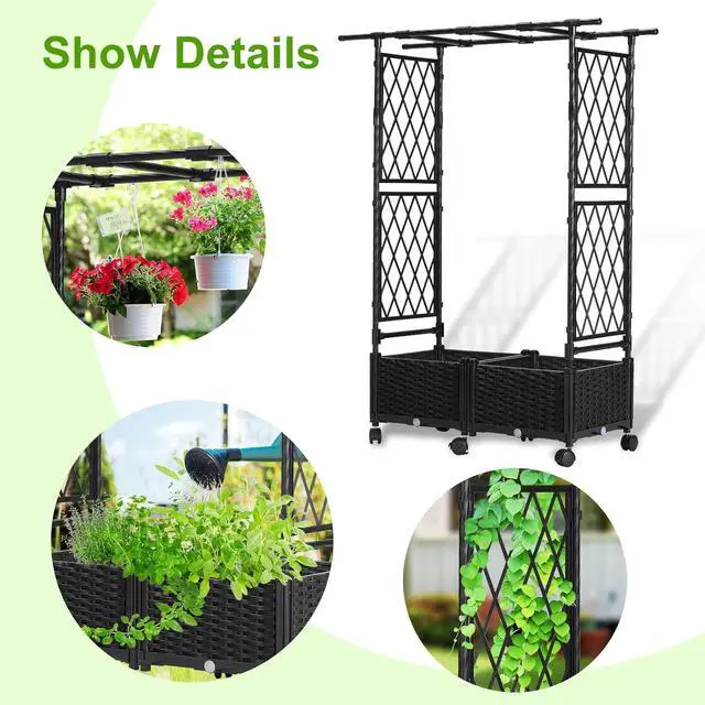 Alt view image 6 of 6 - Lalahoni Planter with Trellis, 4.5ft Trellis Planter Self-watering Box with Wheels for Outdoor Plants Tomato Flower Vegetable Herb Vine Garden Patio, Plastic Raised Bed Trellis with Drainage Hole, 1PC