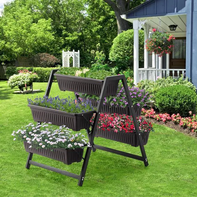 Alt view image 7 of 7 - Raised Garden Planter Bed, Tiered Planter Stand with 5 Boxes (Brown), 26" Long*36.5" Wide*31" Tall, Good for Herbs, Flowers, or Vegetables in Patio Balcony Indoor Outdoor