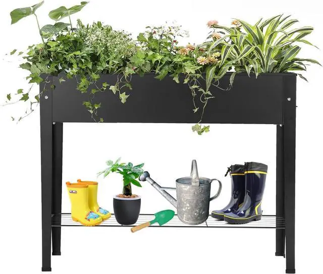 Main image of Piksedo Raised Garden Bed, Elevated Planter Metal Plant Box with Legs Standing Garden Stand Drainage Holes Frosted Black