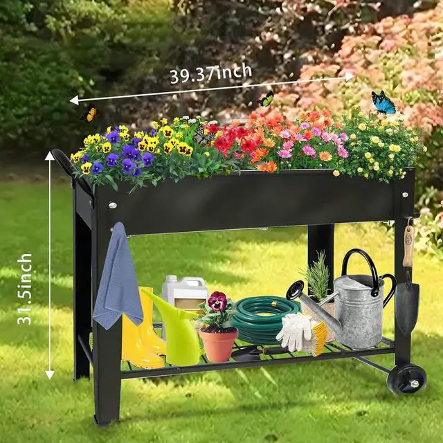 Alt view image 2 of 7 - Raised Garden Planter Beds with Wheels Legs, Large Planters Box for Indoor Outdoor Plants,Metal Galvanized Elevated Rectangle Herb Planter Box for Vegetables Flower Patio 31.5" H