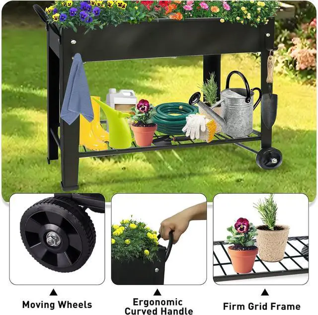 Alt view image 5 of 7 - Raised Garden Planter Beds with Wheels Legs, Large Planters Box for Indoor Outdoor Plants,Metal Galvanized Elevated Rectangle Herb Planter Box for Vegetables Flower Patio 31.5" H