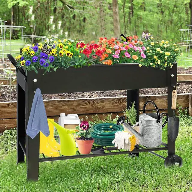 Alt view image 6 of 7 - Raised Garden Planter Beds with Wheels Legs, Large Planters Box for Indoor Outdoor Plants,Metal Galvanized Elevated Rectangle Herb Planter Box for Vegetables Flower Patio 31.5" H