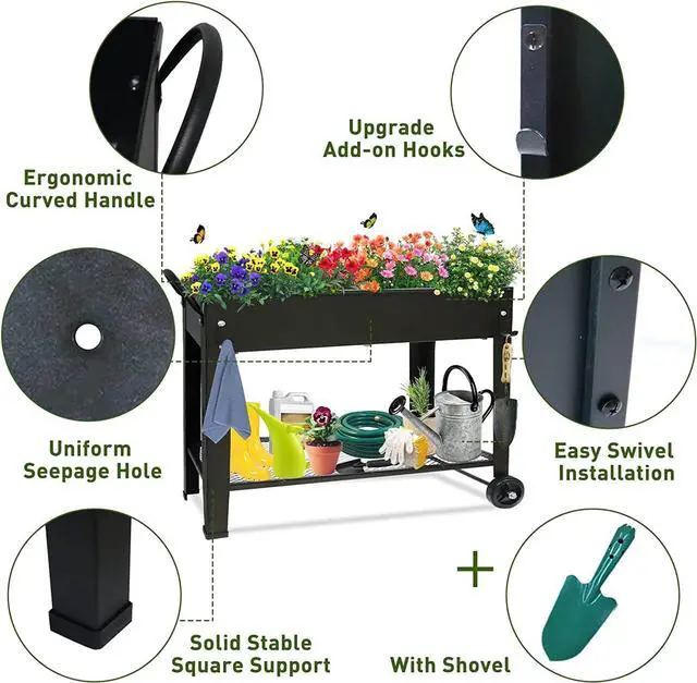 Alt view image 7 of 7 - Raised Garden Planter Beds with Wheels Legs, Large Planters Box for Indoor Outdoor Plants,Metal Galvanized Elevated Rectangle Herb Planter Box for Vegetables Flower Patio 31.5" H