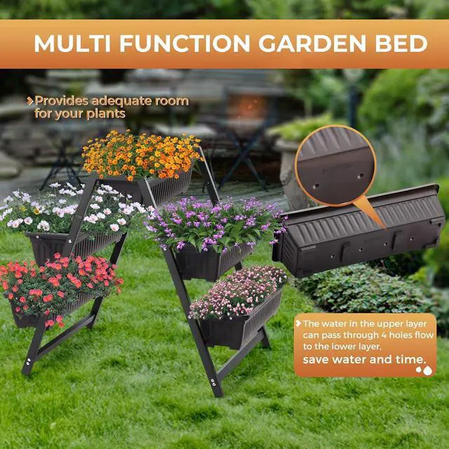 Alt view image 4 of 7 - Raised Garden Planter Bed, Tiered Planter Stand with 5 Boxes (Brown), 26" Long*36.5" Wide*31" Tall, Good for Herbs, Flowers, or Vegetables in Patio Balcony Indoor Outdoor