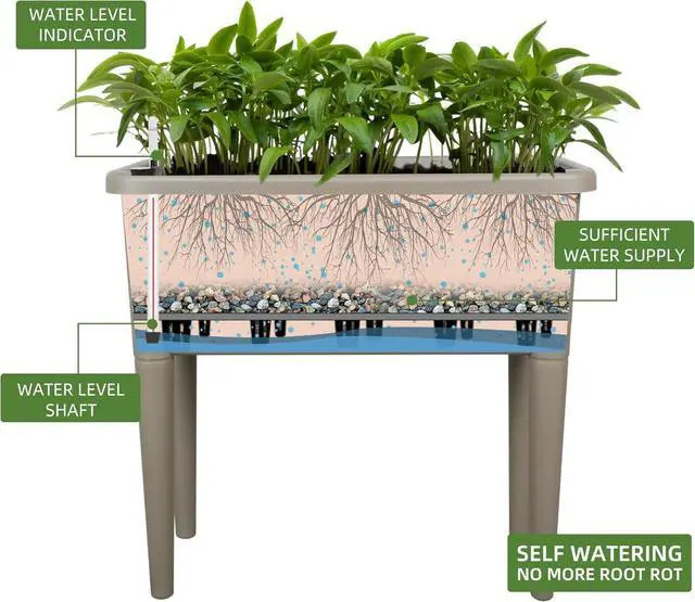 Alt view image 2 of 6 - Dexceder 13.2 Gallon Self Watering Raised Garden Bed with Ventilation Transparent Lid Greenhouse, Deepen Vegetable Flower Box Planter Pot with Removeble Legs&Water Level Indicator (Light Brown)