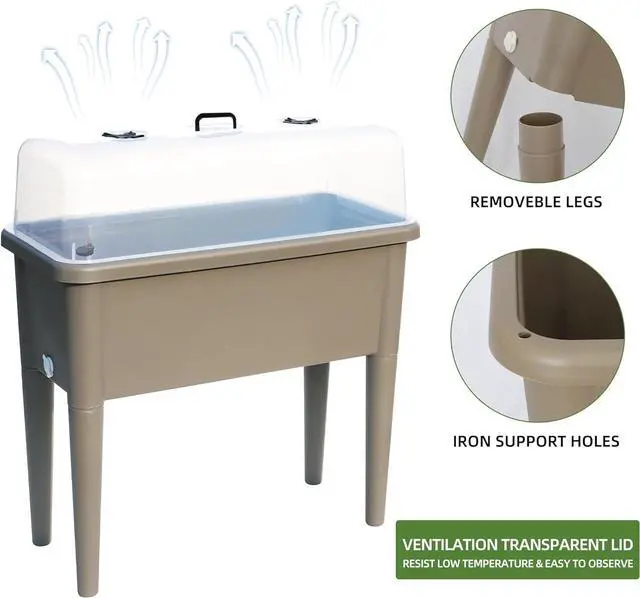 Alt view image 4 of 6 - Dexceder 13.2 Gallon Self Watering Raised Garden Bed with Ventilation Transparent Lid Greenhouse, Deepen Vegetable Flower Box Planter Pot with Removeble Legs&Water Level Indicator (Light Brown)