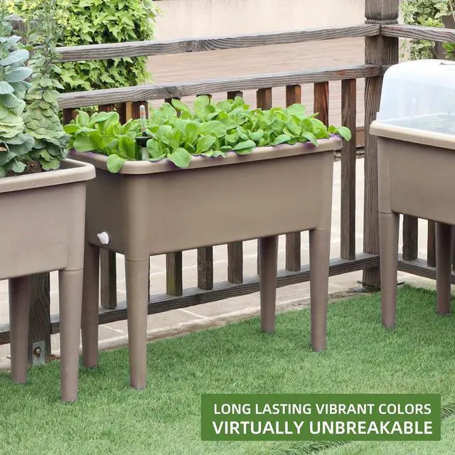 Alt view image 6 of 6 - Dexceder 13.2 Gallon Self Watering Raised Garden Bed with Ventilation Transparent Lid Greenhouse, Deepen Vegetable Flower Box Planter Pot with Removeble Legs&Water Level Indicator (Light Brown)