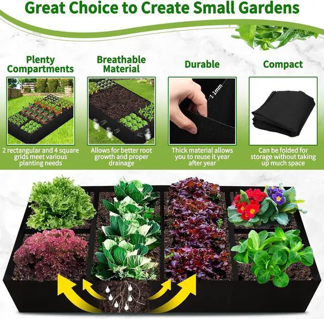 Alt view image 4 of 7 - Fabric Raised Garden Bed, Large Garden Grow Bags Rectangle Breathable Planting Containers with 4 Grids Reusable Heavy Pot Garden Tools for Vegetables Flowers Plants (6ft x3ft x1ft, 128 Gallon Vol.)