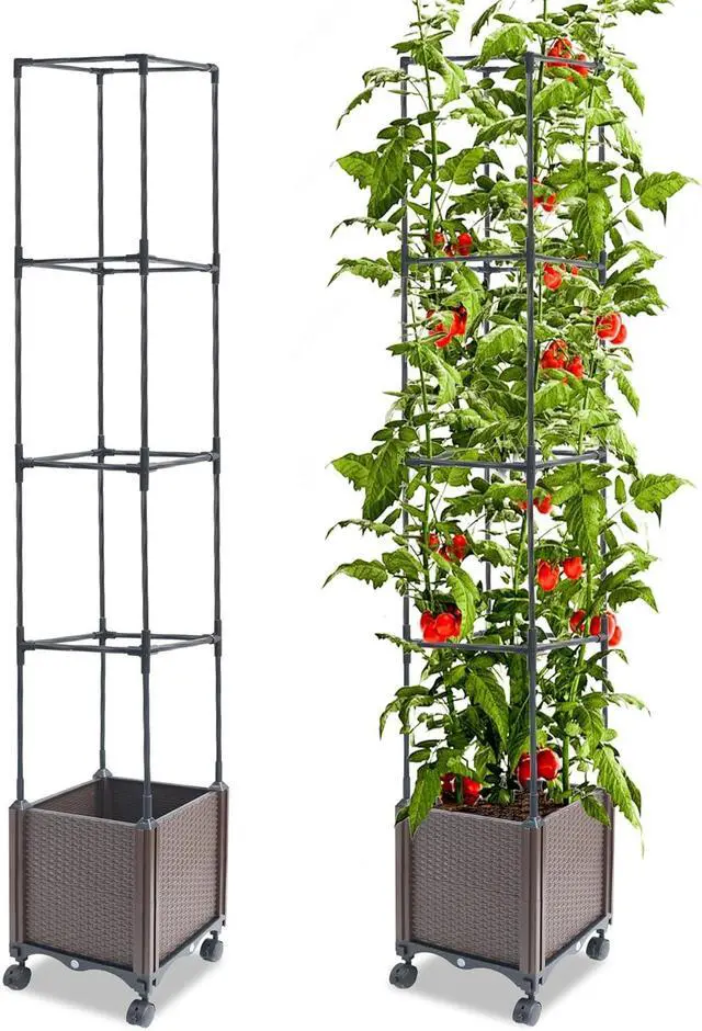 Main image of Raised Garden Bed Planter Box with Trellis, 62.2" Self-Watering Tomato Planters for Climbing Plants Vine Flowers Outdoor Patio, Tomatoes Cage with Trellis Wheels for Outdoor, 1Pack