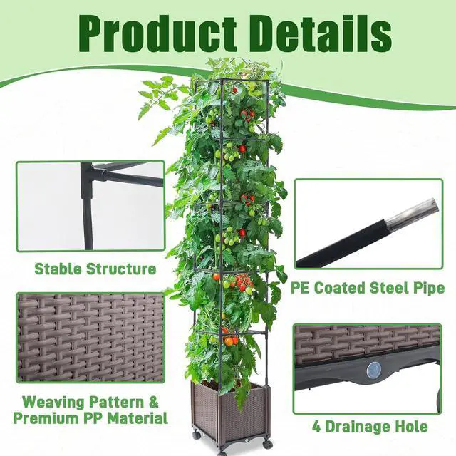 Alt view image 2 of 7 - Raised Garden Bed Planter Box with Trellis, 62.2" Self-Watering Tomato Planters for Climbing Plants Vine Flowers Outdoor Patio, Tomatoes Cage with Trellis Wheels for Outdoor, 1Pack