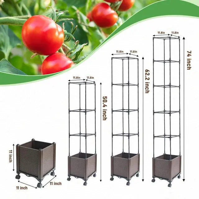 Alt view image 7 of 7 - Raised Garden Bed Planter Box with Trellis, 62.2" Self-Watering Tomato Planters for Climbing Plants Vine Flowers Outdoor Patio, Tomatoes Cage with Trellis Wheels for Outdoor, 1Pack