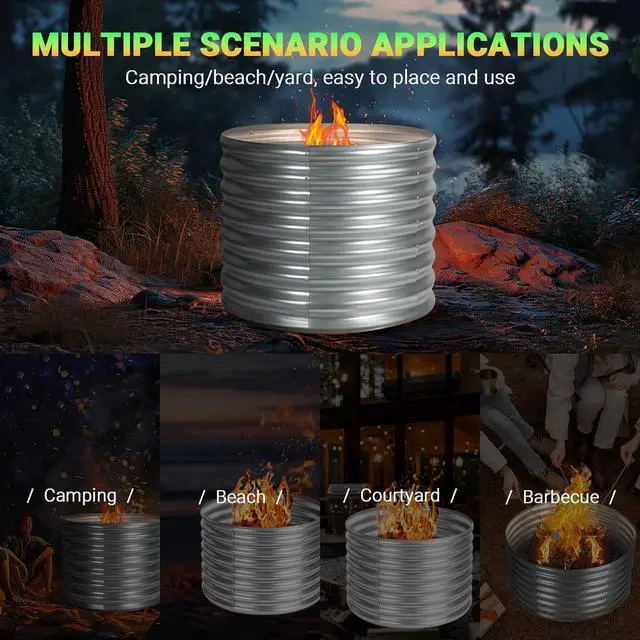 Alt view image 7 of 7 - 36 inch Fire Pit Ring, Galvanized Fire Ring 2ft high, Wood Burning Fire Pits Ring, Outdoor Fireplace Height 24 Inch, Round Camp Fire Ring, Bonfire Pit for Camping, Backyard (3x3x2FT)