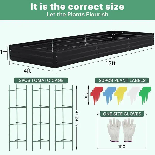 Alt view image 2 of 6 - 12×4×1ft Galvanized Metal Raised Garden Bed, Metal Planter Kit Box Outdoor for Deep-Rooted Vegetables, Flowers, Green and Herbs