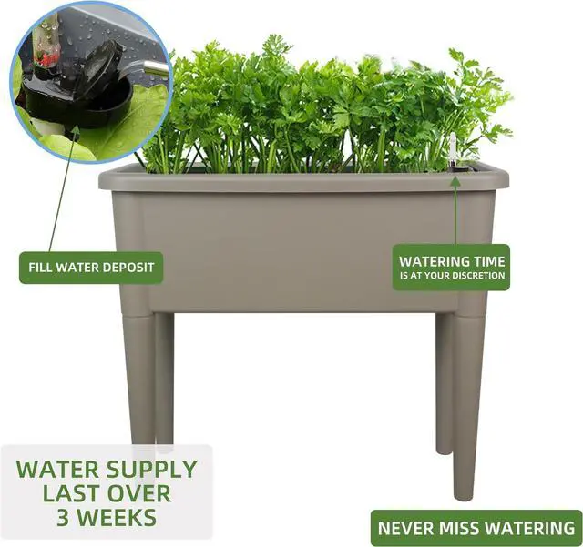 Alt view image 5 of 6 - Dexceder 13.2 Gallon Self Watering Raised Garden Bed with Ventilation Transparent Lid Greenhouse, Deepen Vegetable Flower Box Planter Pot with Removeble Legs&Water Level Indicator (Light Brown)