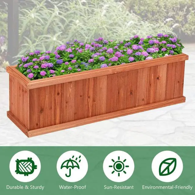 Alt view image 4 of 7 - LDAILY Raised Garden Bed, Outdoor Rectangle Flower Beds with Detachable Bottom Panels & 2 Drainage Holes, Wood Planter Box for Flowers/Vegetables/Fruits in Backyard Patio (28" L x 9 W x 10 H)